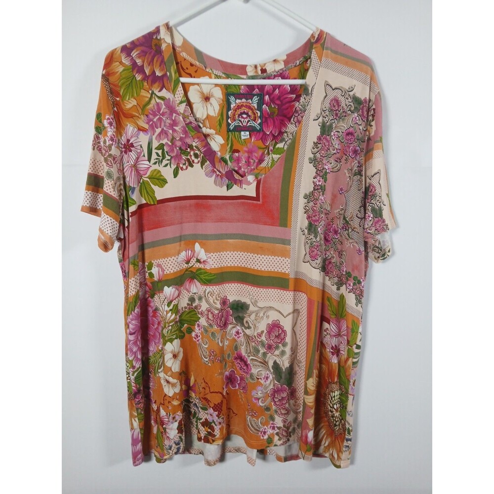 Johnny Was Romantic Favorite V-Neck Tee Size XL Colorful Floral And Stripe EUC